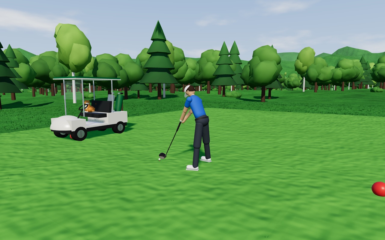 Pin High golfer teeing off next to a golf cart
